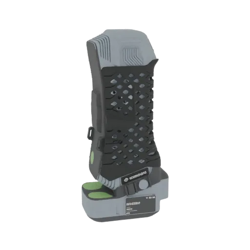 3D model of a gray and black handheld scanner with a green-accented battery pack, shown from a side angle.