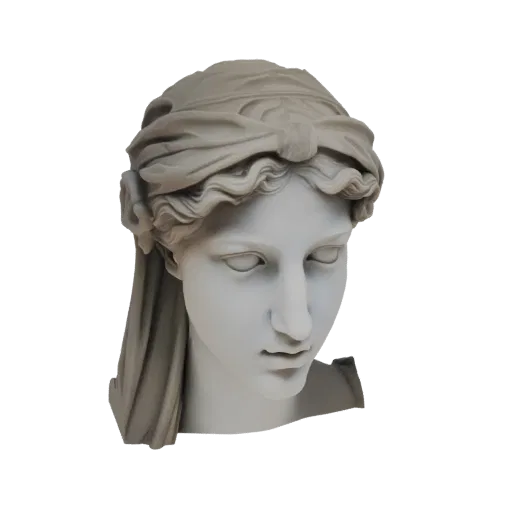 3D model of a classical woman's bust with a detailed turban, rendered in a neutral gray tone.