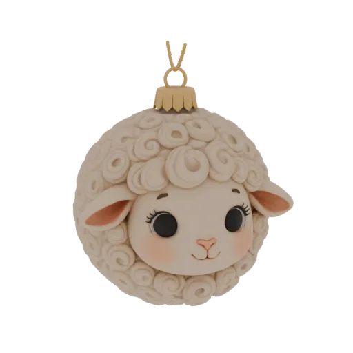 A 3D render of a cute, round Christmas ornament shaped like a sheep with curly wool, large eyes, and rosy cheeks, hanging fro