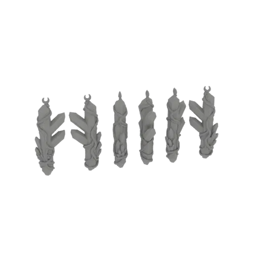 Un ensemble de six modèles 3D gris d'éclats de cristal mystiques avec des ornements ressemblant à des lianes, disposés en lig