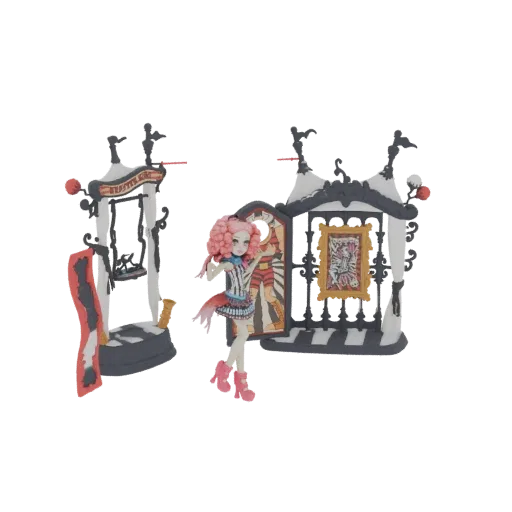 3D model of Frankie Stein doll from Monster High standing next to a miniature circus-themed stage playset.