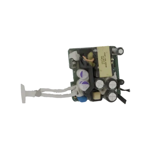 3D model of an electronic circuit board with visible components, wires, and connectors, isolated on a white background.