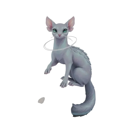 Modelo 3D de un místico gato esfinge con ojos verdes brillantes, cuerpo pálido, escamas iridiscentes en la espalda y un aura