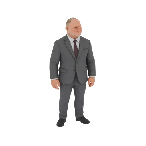 Modèle 3D d'un homme d'affaires souriant portant un costume gris et une cravate rouge, debout sur fond blanc.