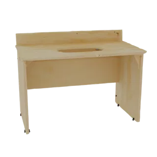 3D model wooden plywood PC desk with front semicircle cutout and rear cable cutout