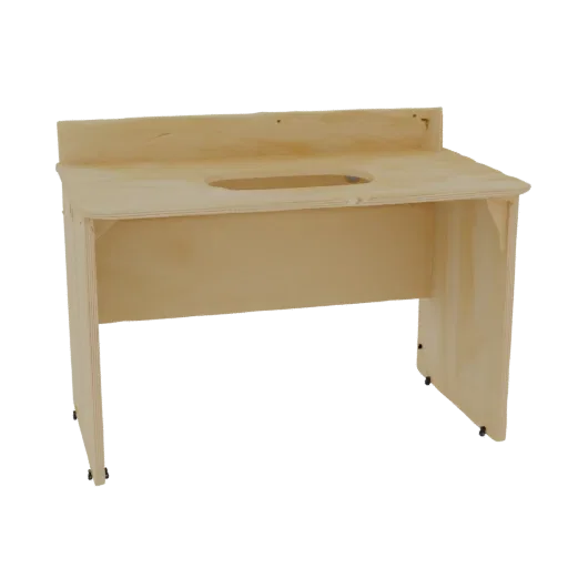3D model wooden plywood PC desk with front semicircle cutout and rear cable cutout