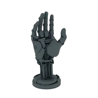 Modello 3D di una mano robotica grigia e articolata con cablaggi visibili e base circolare, presentato su sfondo bianco.