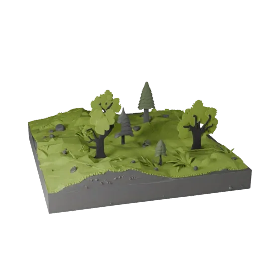 Forest Encounter Diorama Unity 3D model, isometric viewport view, showing sculpted terrain, layered vegetation clusters.