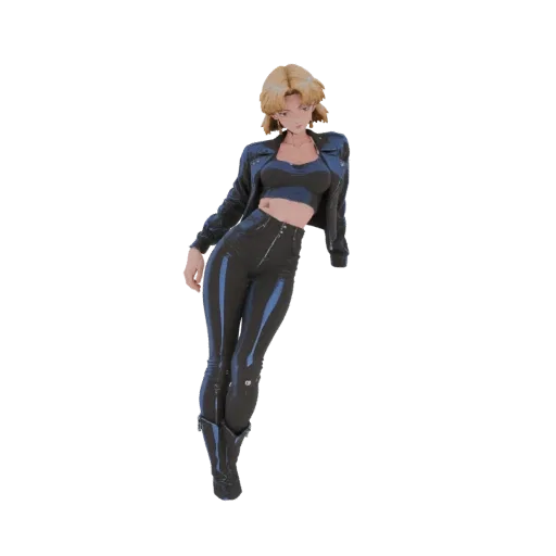 Modèle 3D femme cyberpunk aux cheveux blonds, portant une veste en cuir noire, un crop top et un pantalon noir à rayures bleu