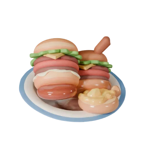 Street Food Burger Meal Stylized 3D model, stylized isometric render, showing sauces, plated composition.