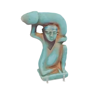 3D model of an ancient Egyptian figure kneeling and carrying a large coiled serpent over its head and shoulders, rendered in