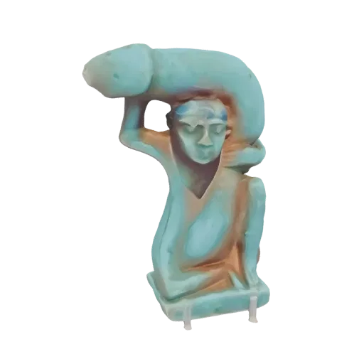 3D model of an ancient Egyptian figure kneeling and carrying a large coiled serpent over its head and shoulders, rendered in