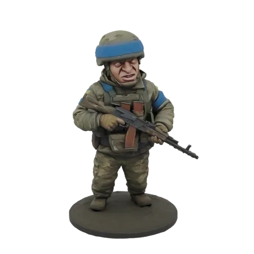 3D model of a Ukrainian soldier in camouflage uniform and helmet, holding an AK-47 rifle, standing on a circular base.