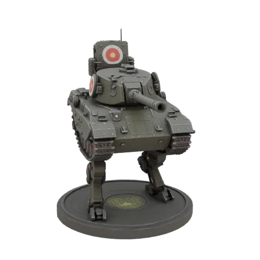 3D model of a dark olive drab military tank with two mechanical legs and an archery target on its back, posed dynamically on a circular base.