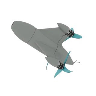 A 3D render of a futuristic drone with a grey body and twin cyan propellers, viewed from a three-quarter angle.