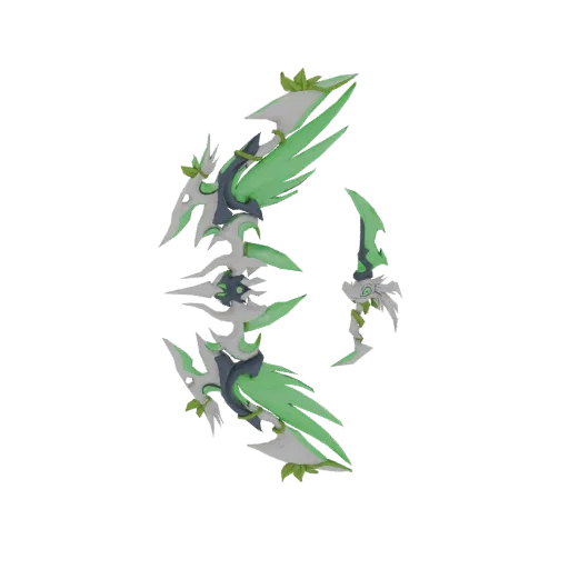 3D model of an ethereal nature-themed bow and dagger set, featuring green leaf-like accents and white structures.