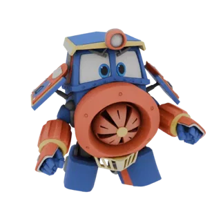 3D-Modell eines blau-orangen Roboter-Zug-Charakters mit großem orangefarbenem Lüftermund und ausdrucksstarken Augen, dynamisc