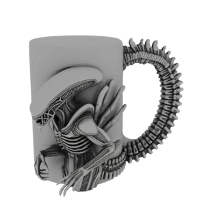 3D model render of a grey mug with a detailed Xenomorph alien sculpted on the front and a segmented tail forming the handle.