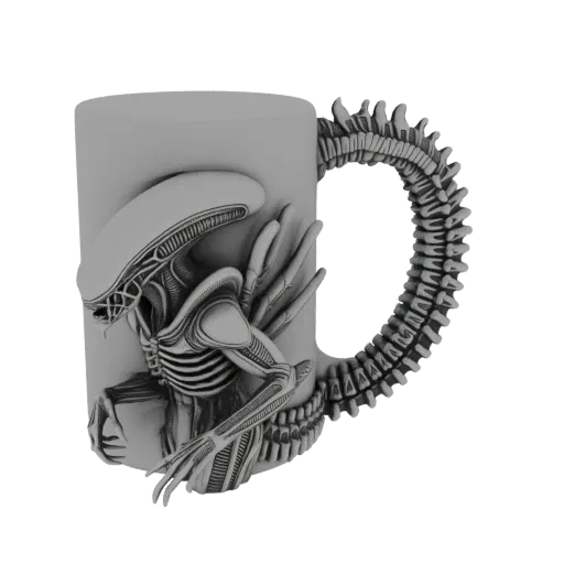 Render do modelo 3D de uma caneca cinza com um detalhado alienígena Xenomorfo esculpido na frente e uma cauda segmentada form