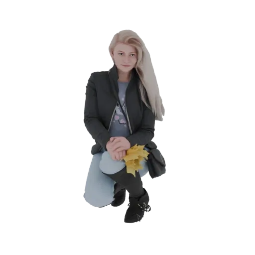 3D model of a young woman with blonde hair, kneeling and holding yellow autumn leaves, wearing a dark jacket and light blue p
