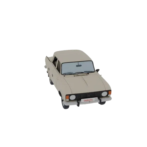 Modèle 3D d'une berline beige classique, vu sous un angle légèrement élevé avant droit sur fond noir.