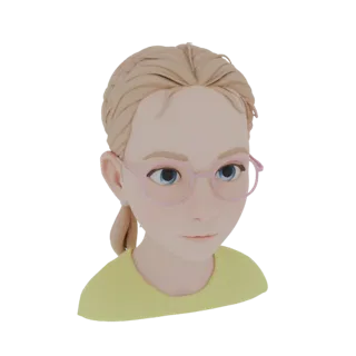 3D model of a stylized young woman with blonde hair, blue eyes, and pink glasses, wearing a yellow top.
