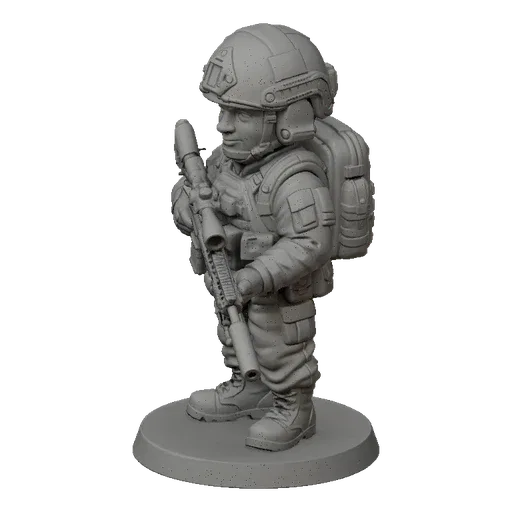 3D model of a chibi soldier with a sniper rifle, wearing a helmet and tactical vest, standing on a circular base.