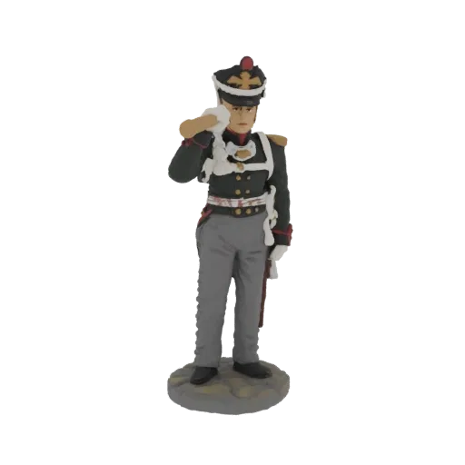 3D model of a 19th-century soldier in a dark uniform and shako hat, standing at attention on a textured base.
