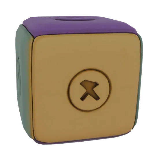 A 3D render of a stylized dice with a purple top, gold face featuring a hammer and circle emblem, and a green side.