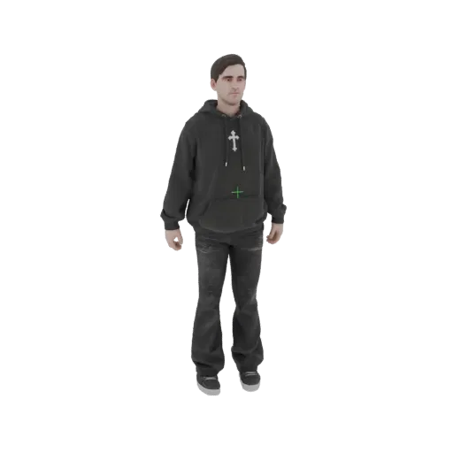 Modelo 3D de joven con pelo castaño corto, vistiendo sudadera negra con cruz blanca y jeans oscuros desgastados, de pie sobre