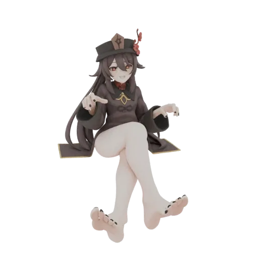3D model of Hu Tao from Genshin Impact sitting with a playful expression, wearing her signature hat and outfit.