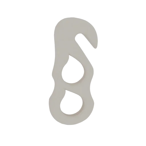 3D render of a light grey, abstract organic hook with two flowing loops against a white background.