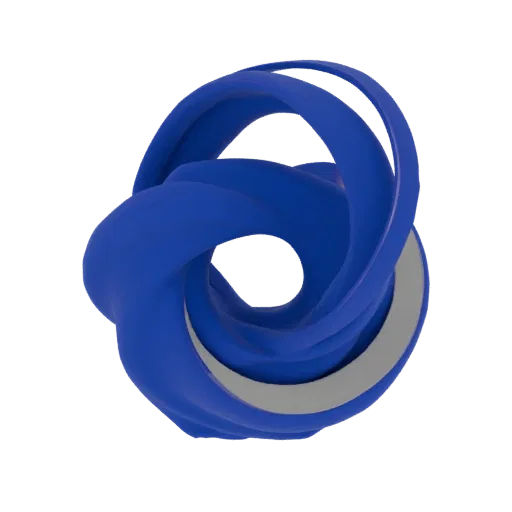 A 3D render of an abstract torus sculpture in bright blue with a metallic silver band wrapping around its lower section, set