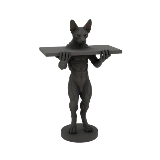 3D model of a muscular Sphynx cat with human-like anatomy, standing and holding a flat shelf.