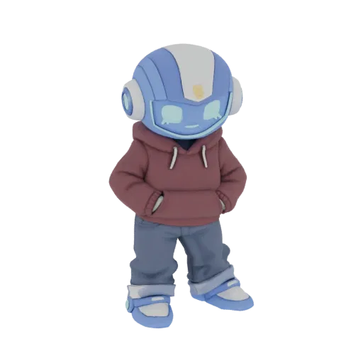A 3D render of a cute robot character wearing a blue helmet, maroon hoodie, and blue jeans, standing with hands in pockets.