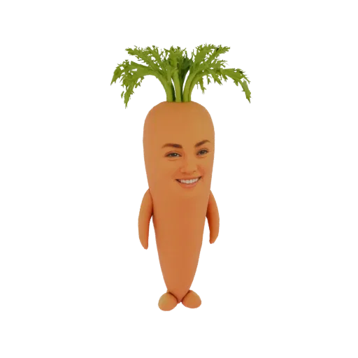 Modello 3D di una carota personaggio cartone animato con volto umano e cima verde fogliuta, in piedi con le braccia tese.