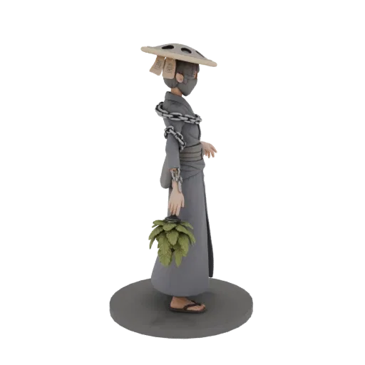 3D model of a Japanese-style wanderer figurine with chains, mask, and lantern, standing on a platform