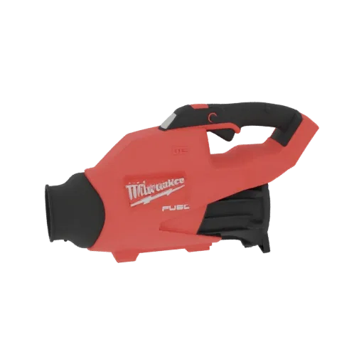 Side view of a 3D model of the red and black Milwaukee M12 FUEL Compact Blower, showing the branding and design.