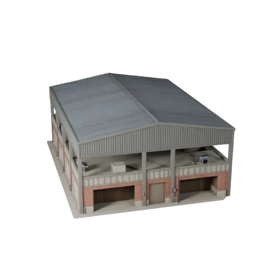 Modello 3D low poly di Edificio Birrificio, vista esterna pronta per il gioco, che mostra materiali di edifici industriali e