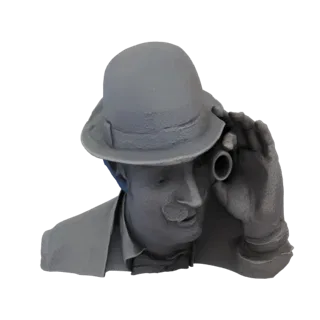 3D model of a gentleman explorer wearing a bowler hat and looking through a monocle.