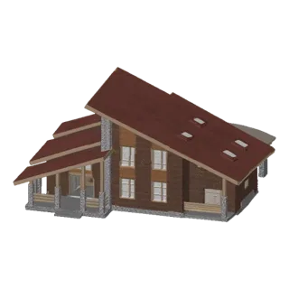 Modèle 3D d'une maison moderne en bois avec bardage marron et un toit rouge proéminent à plusieurs niveaux, avec fenêtres et