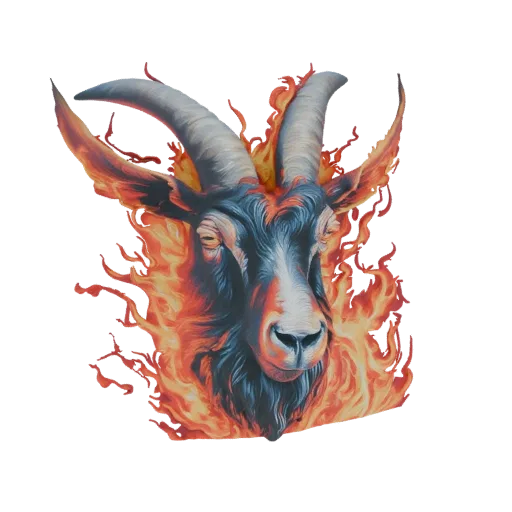 Modello 3D di testa di capra con pelo scuro, corna grandi e intense fiamme arancioni e rosse che la circondano.