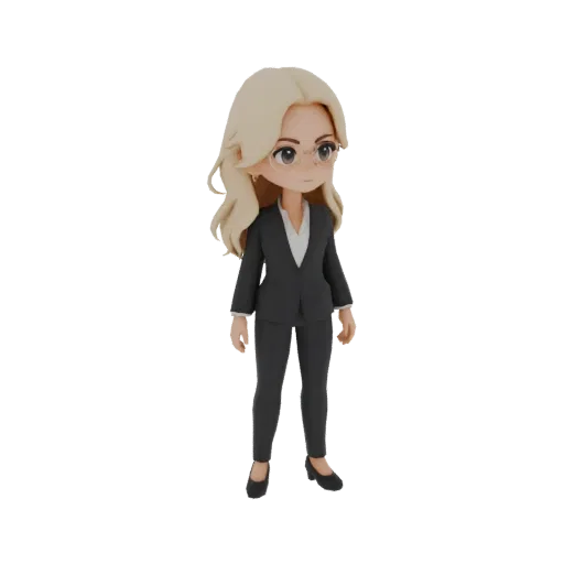 A 3D render of a chibi businesswoman character wearing a dark suit and glasses, standing confidently.