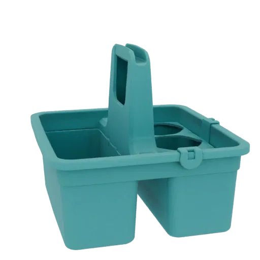 3D model of a turquoise plastic caddy with a central handle and divided compartments, shown against a black background.