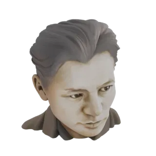 3D render of a stylized bust of a young man with tousled grey hair and a neutral expression, looking slightly down.