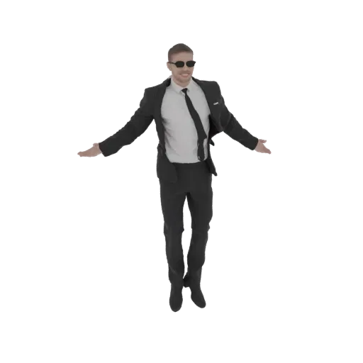 3D model of a man in a black suit and sunglasses, captured mid-jump with arms outstretched.