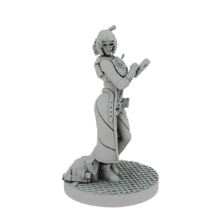 Render de modelo 3D de científica cyberpunk femenina con gafas, abrigo largo y tablet, de pie sobre base texturizada.