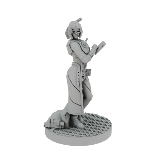 Rendu 3D d'une scientifique cyberpunk féminine avec lunettes, portant un long manteau et tenant une tablette, debout sur une