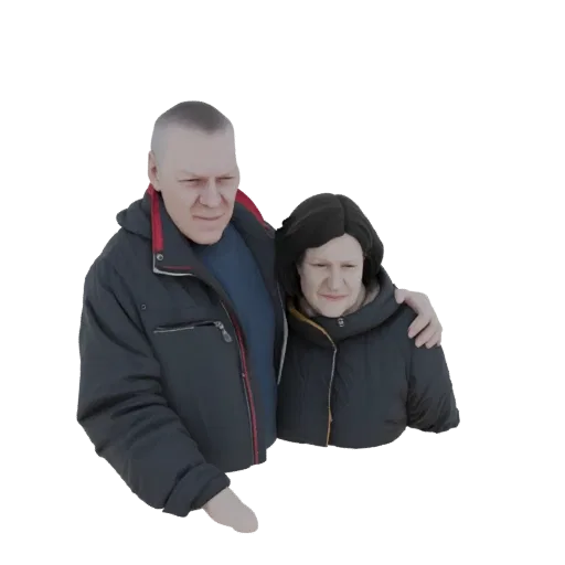 Modello 3D di uomo e donna in cappotti invernali, con il braccio dell'uomo attorno alla donna.