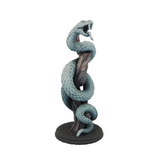3D model of a light blue serpent coiled around a brown tree trunk, with its head raised and fangs bared, on a cracked earth b